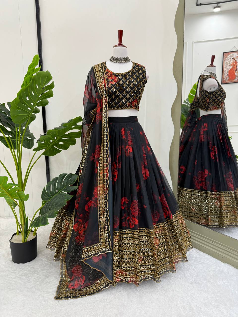 Black Tabby Organza Digital Print Lehenga Choli Set with Thread & Sequin Work – With Dupatta ClothsVilla