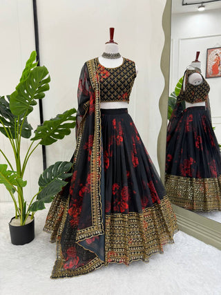Black Tabby Organza Digital Print Lehenga Choli Set with Thread & Sequin Work – With Dupatta ClothsVilla