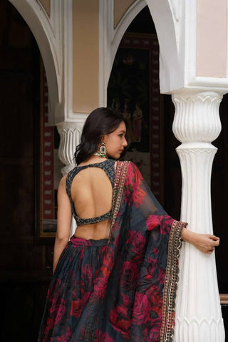 Black Tabby Organza Digital Print Lehenga Choli Set with Thread & Sequin Work – With Dupatta ClothsVilla