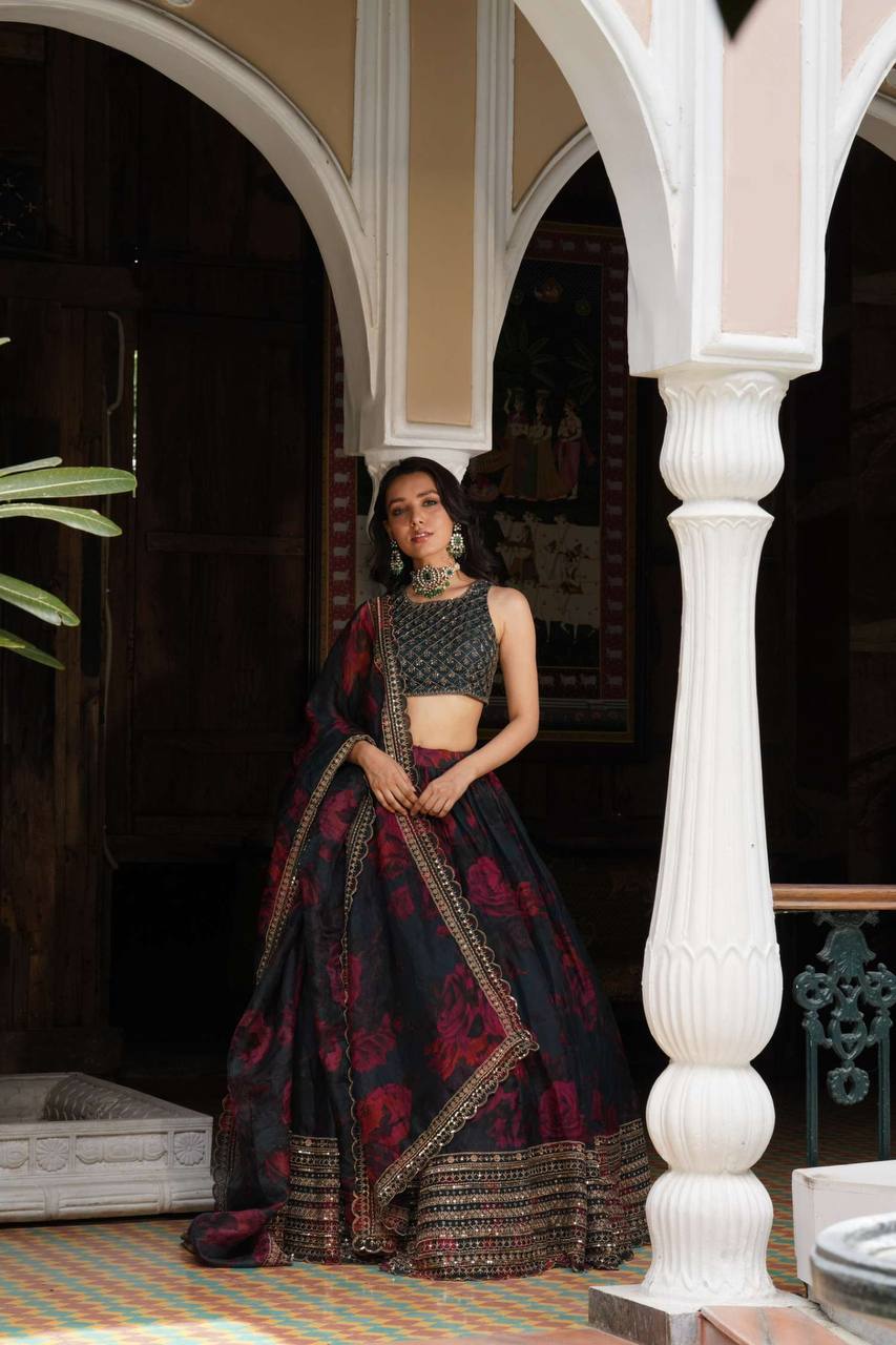 Black Tabby Organza Digital Print Lehenga Choli Set with Thread & Sequin Work – With Dupatta ClothsVilla