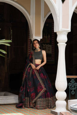 Black Tabby Organza Digital Print Lehenga Choli Set with Thread & Sequin Work – With Dupatta ClothsVilla