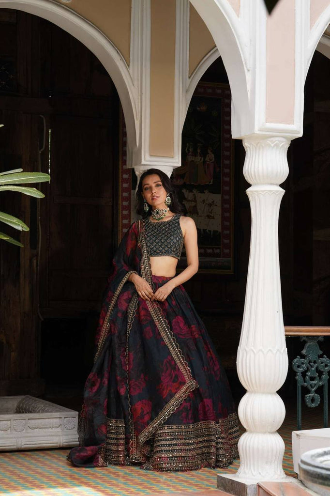 Black Tabby Organza Digital Print Lehenga Choli Set with Thread & Sequin Work – With Dupatta ClothsVilla