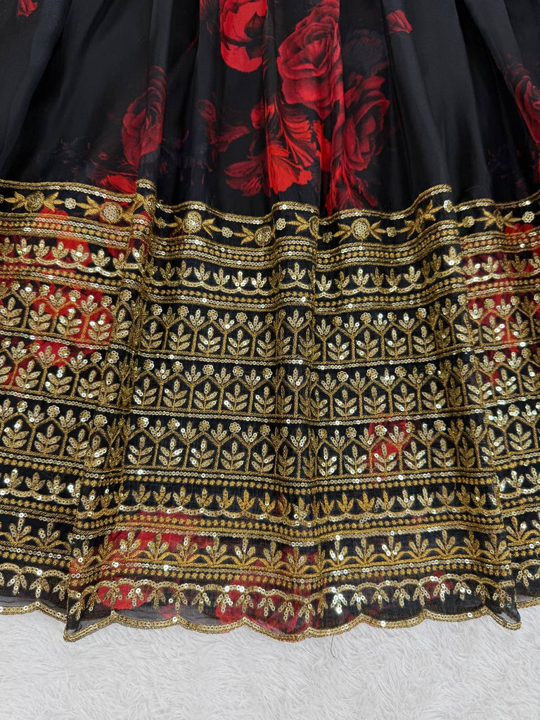 Black Tabby Organza Digital Print Lehenga Choli Set with Thread & Sequin Work – With Dupatta ClothsVilla