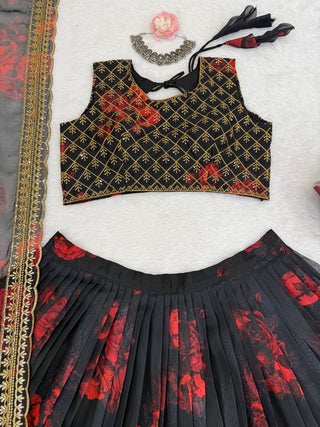 Black Tabby Organza Digital Print Lehenga Choli Set with Thread & Sequin Work – With Dupatta ClothsVilla