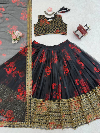 Black Tabby Organza Digital Print Lehenga Choli Set with Thread & Sequin Work – With Dupatta ClothsVilla