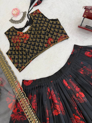 Black Tabby Organza Digital Print Lehenga Choli Set with Thread & Sequin Work – With Dupatta ClothsVilla