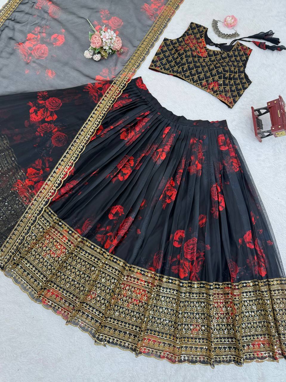 Black Tabby Organza Digital Print Lehenga Choli Set with Thread & Sequin Work – With Dupatta ClothsVilla