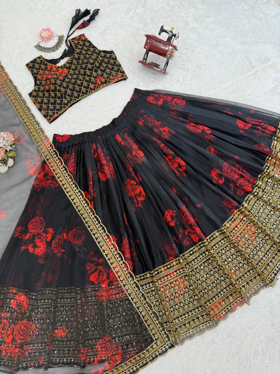 Black Tabby Organza Digital Print Lehenga Choli Set with Thread & Sequin Work – With Dupatta ClothsVilla
