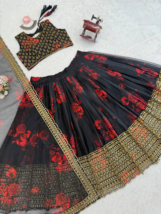Black Tabby Organza Digital Print Lehenga Choli Set with Thread & Sequin Work – With Dupatta ClothsVilla