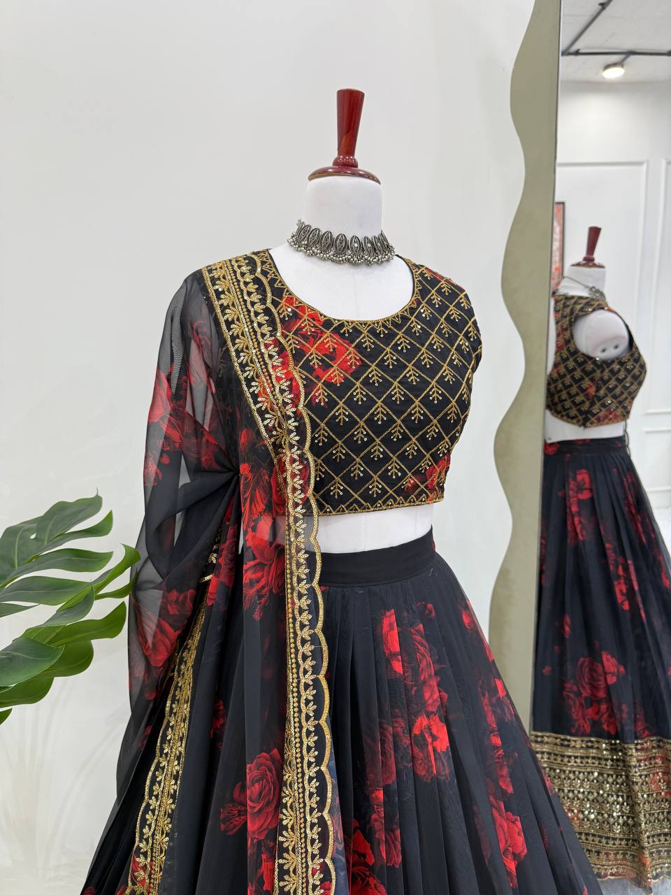 Black Tabby Organza Digital Print Lehenga Choli Set with Thread & Sequin Work – With Dupatta ClothsVilla