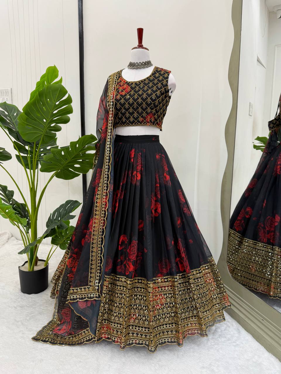 Black Tabby Organza Digital Print Lehenga Choli Set with Thread & Sequin Work – With Dupatta ClothsVilla