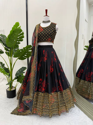 Black Tabby Organza Digital Print Lehenga Choli Set with Thread & Sequin Work – With Dupatta ClothsVilla