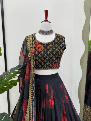 Black Tabby Organza Digital Print Lehenga Choli Set with Thread & Sequin Work – With Dupatta ClothsVilla