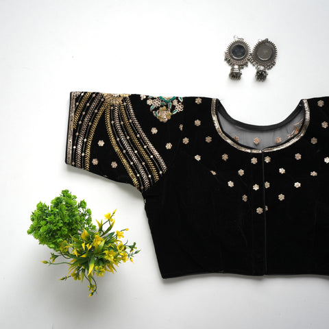 Black Taffeta Silk Blouse with Golden Embroidery and Sequin Touch ClothsVilla Main image