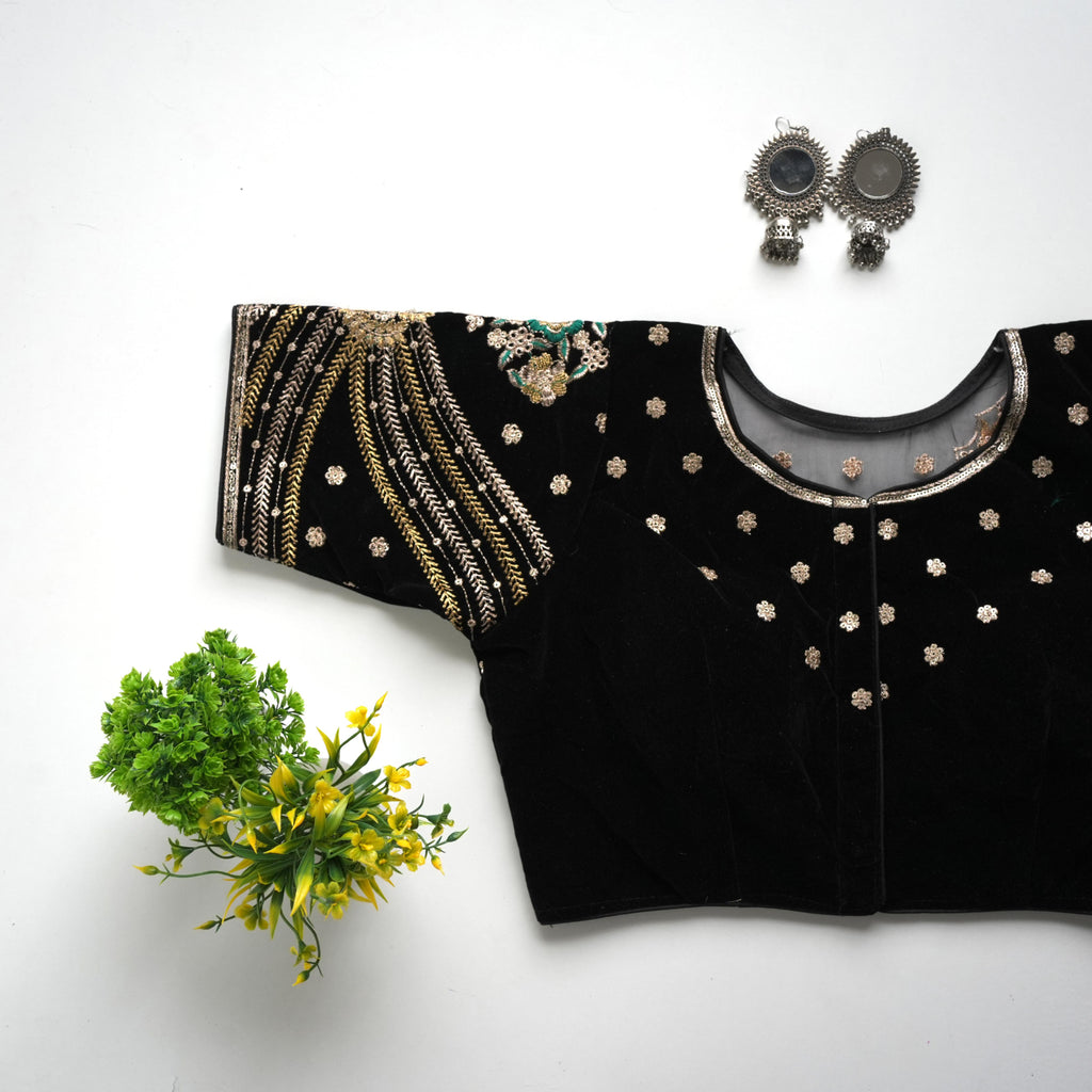 Black Taffeta Silk Blouse with Golden Embroidery and Sequin Touch ClothsVilla