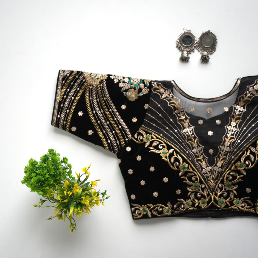 Black Taffeta Silk Blouse with Golden Embroidery and Sequin Touch ClothsVilla