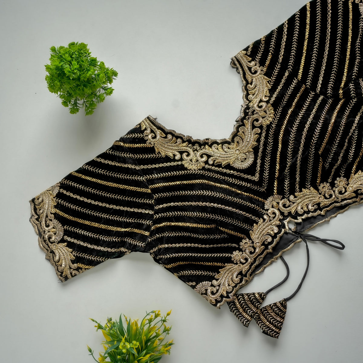 Black Taffeta Silk Blouse with Golden Embroidery and Sequins ClothsVilla.com Main image