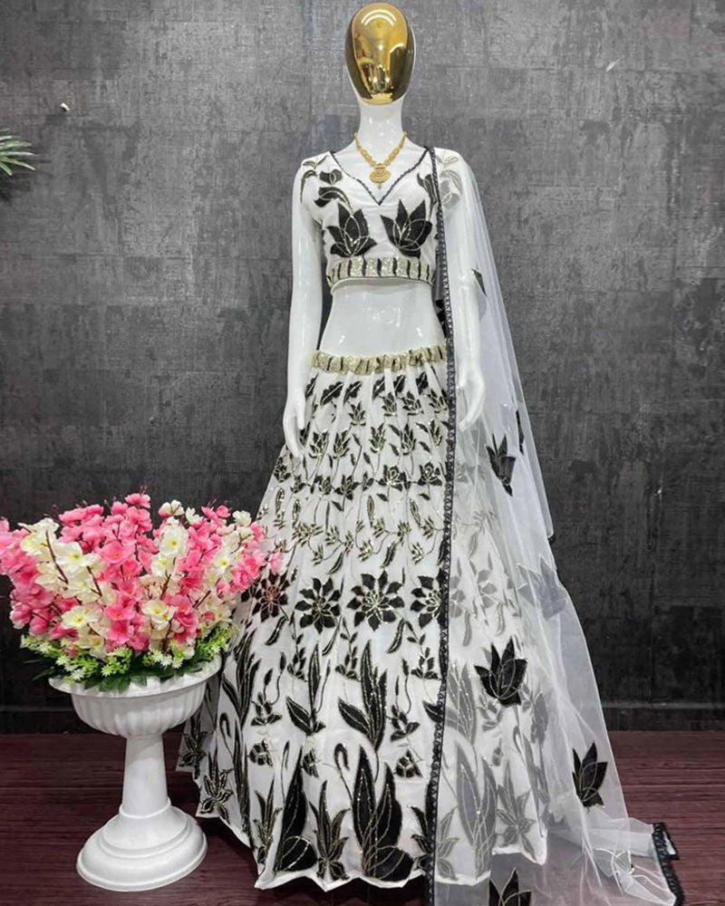 Black Thread & Sequin Embroidered Faux Georgette Lehenga Choli Dupatta Set ClothsVilla Main image