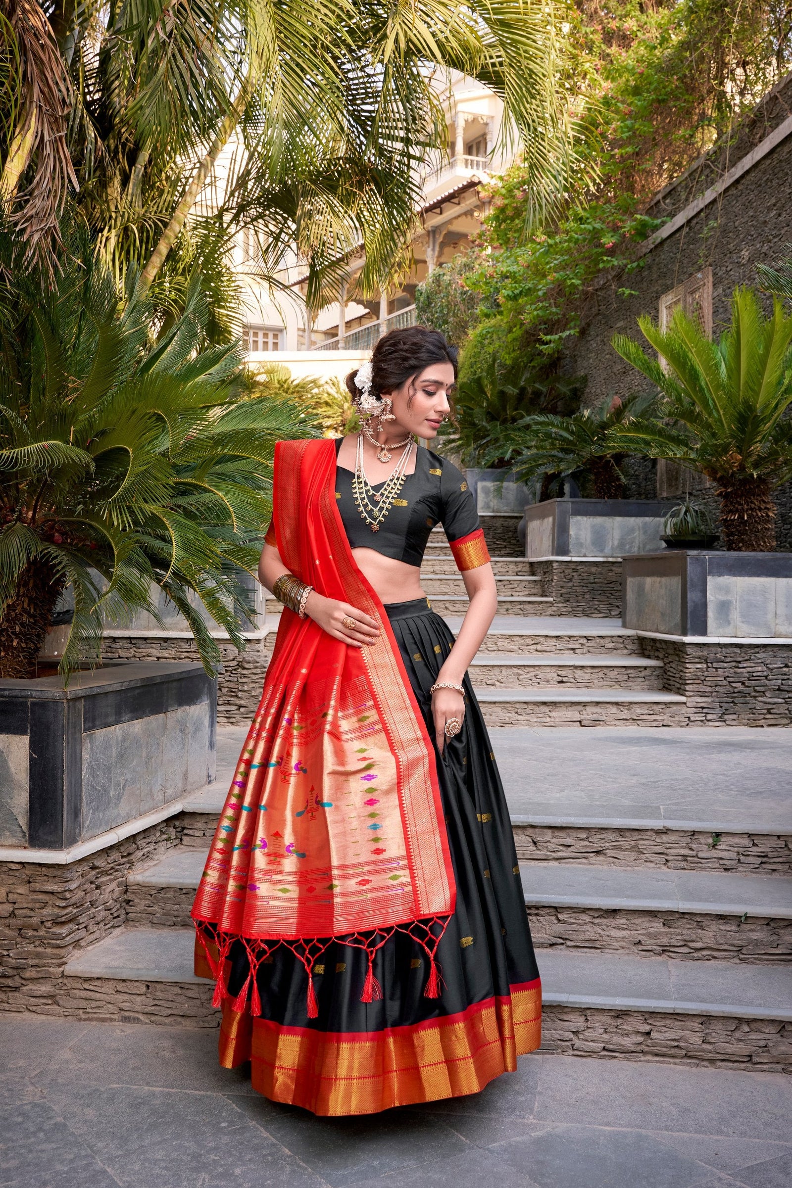 Black Traditional Paithani Jacquard Silk Lehenga Set with Zari Weaving & Tassel Dupatta – Stitched ClothsVilla