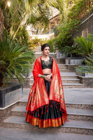 Black Traditional Paithani Jacquard Silk Lehenga Set with Zari Weaving & Tassel Dupatta – Stitched ClothsVilla