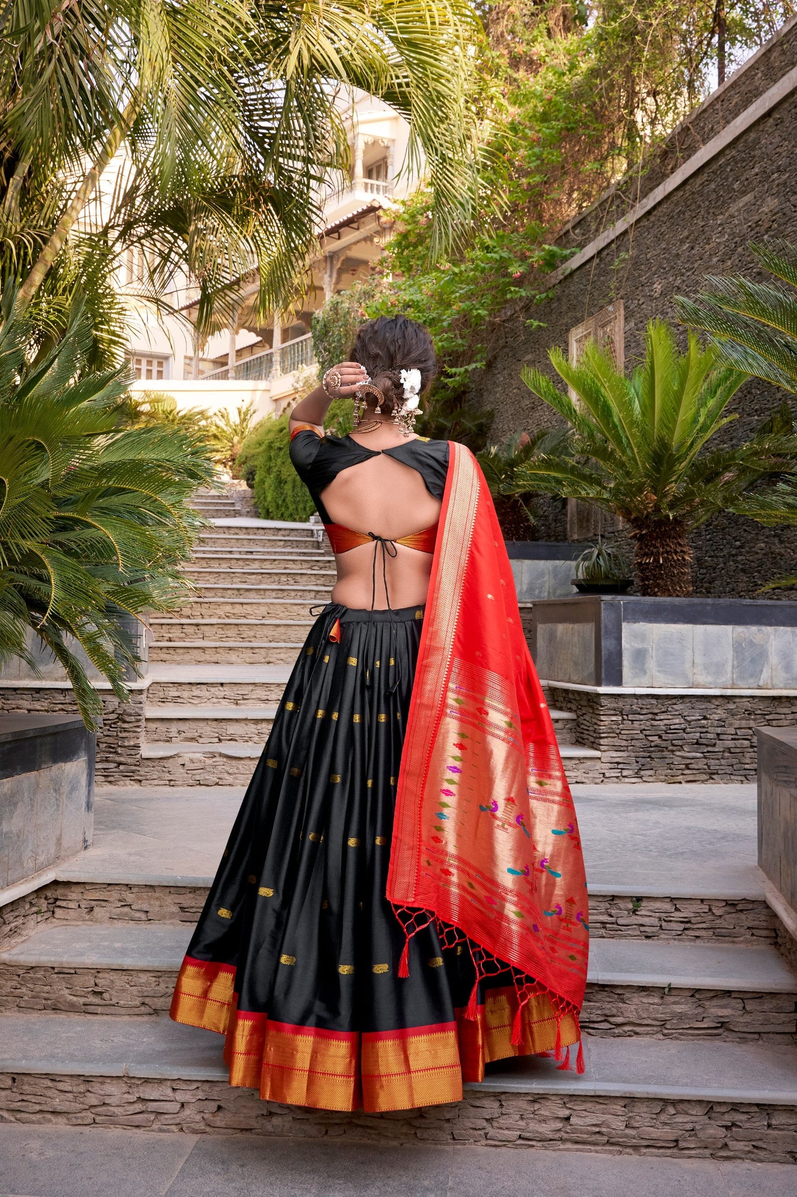 Black Traditional Paithani Jacquard Silk Lehenga Set with Zari Weaving & Tassel Dupatta – Stitched ClothsVilla