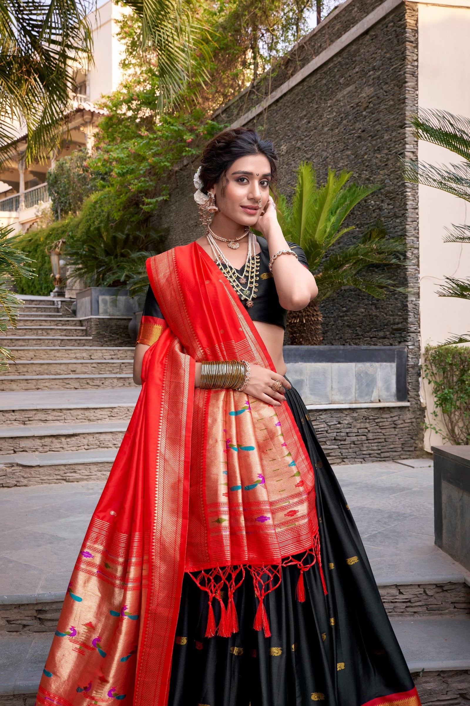 Black Traditional Paithani Jacquard Silk Lehenga Set with Zari Weaving & Tassel Dupatta – Stitched ClothsVilla