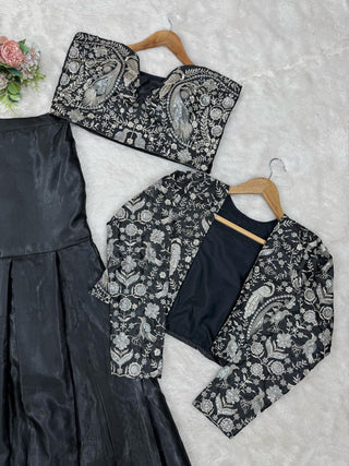 Black Trending 3-Piece Tapeta Silk Lehenga Set with Choli & Koti ClothsVilla
