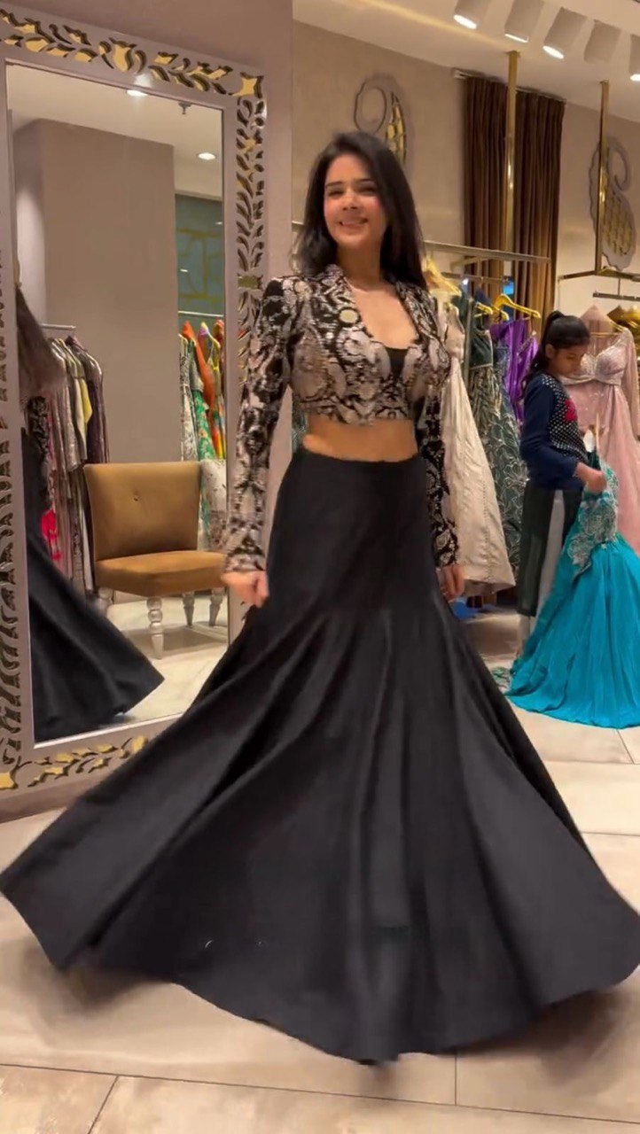 Black Trending 3-Piece Tapeta Silk Lehenga Set with Choli & Koti ClothsVilla