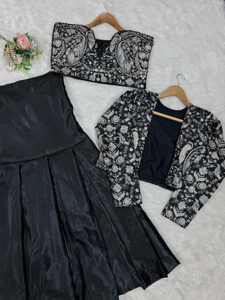 Black Trending 3-Piece Tapeta Silk Lehenga Set with Choli & Koti ClothsVilla
