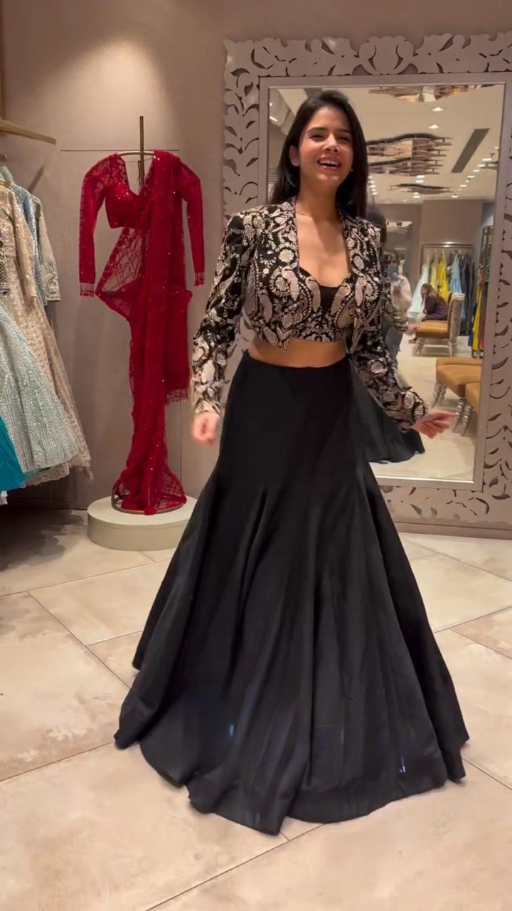 Black Trending 3-Piece Tapeta Silk Lehenga Set with Choli & Koti ClothsVilla