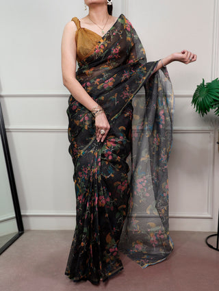 Black Trendy Floral Ethnic Saree ClothsVilla