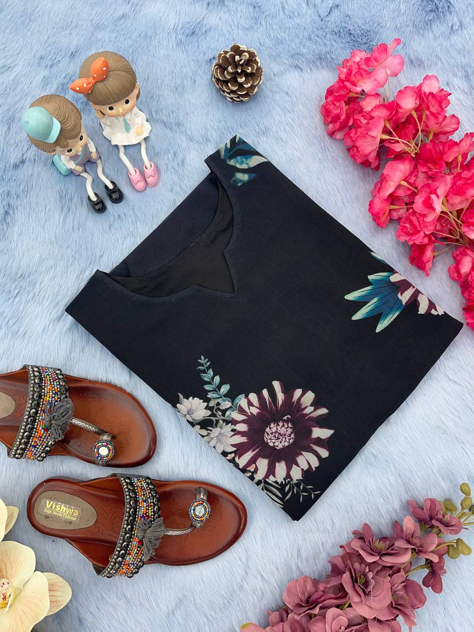 Black Trendy Printed Straight Kurti - Heavy Soft Faux Georgette Clothsvilla