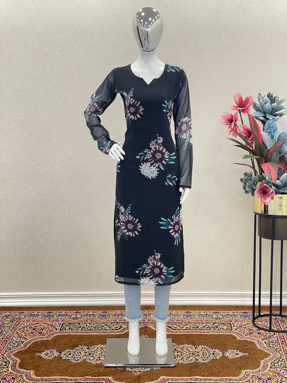 Black Trendy Printed Straight Kurti - Heavy Soft Faux Georgette Clothsvilla Main image