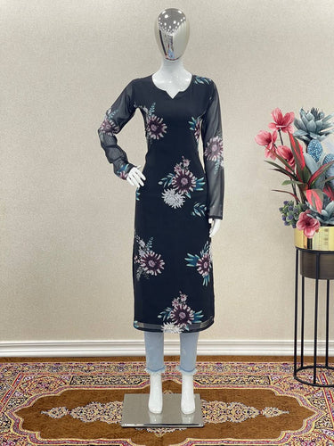 Black Trendy Printed Straight Kurti - Heavy Soft Faux Georgette Clothsvilla
