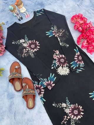 Black Trendy Printed Straight Kurti - Heavy Soft Faux Georgette Clothsvilla