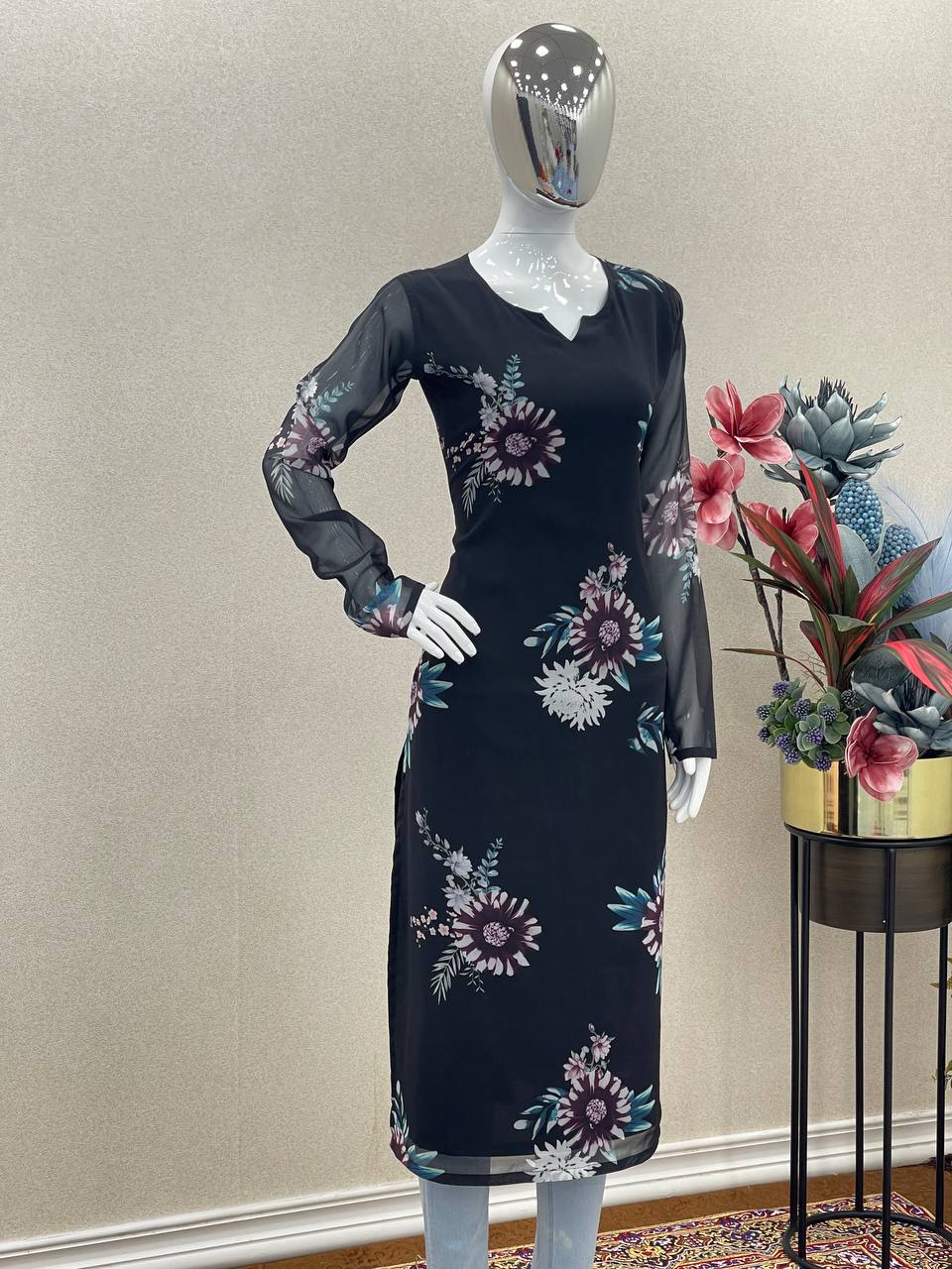 Black Trendy Printed Straight Kurti - Heavy Soft Faux Georgette Clothsvilla