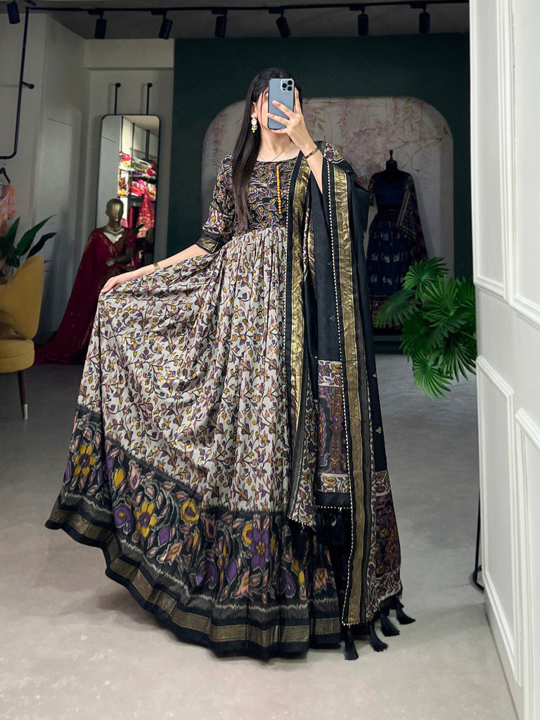 Black Tussar Silk Floral Gown with Foil Print & Dupatta ClothsVilla