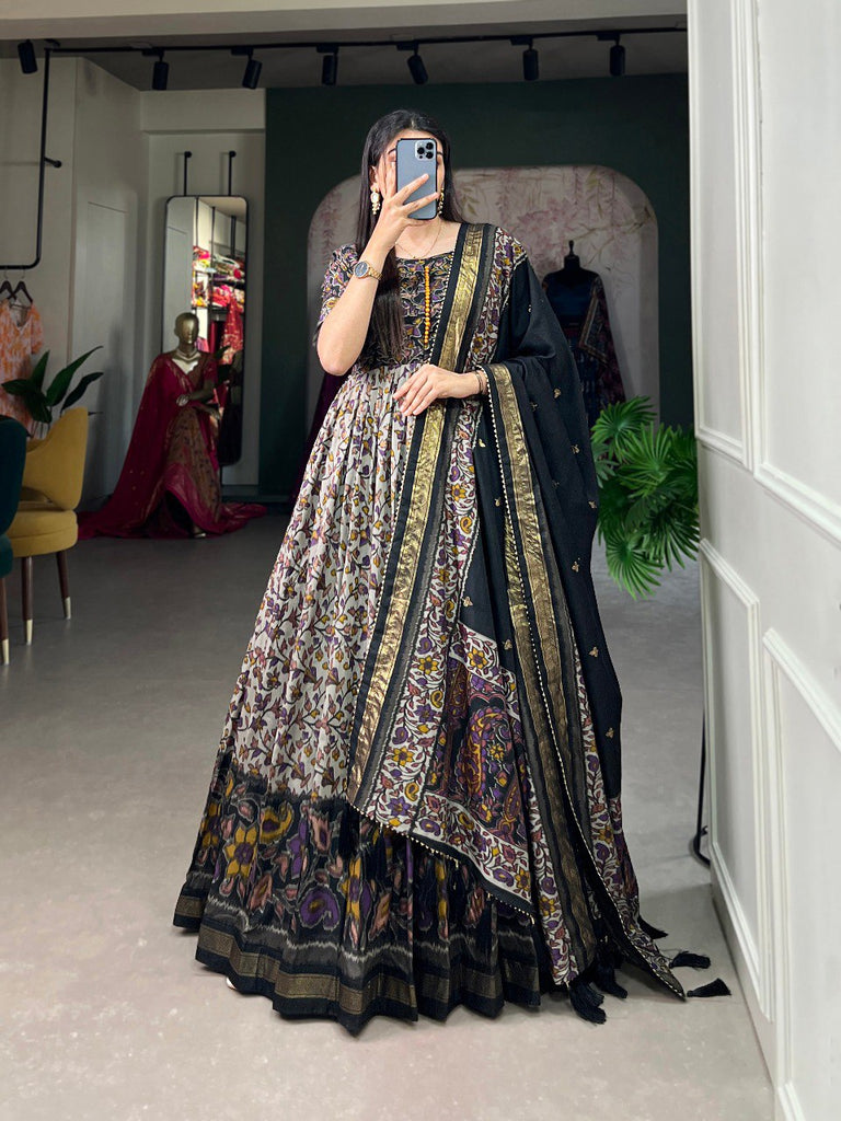 Black Tussar Silk Floral Gown with Foil Print & Dupatta ClothsVilla