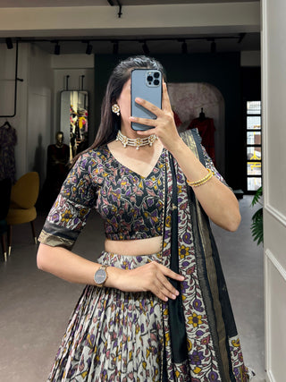 Black Tussar Silk Lehenga Choli with Foil Print ClothsVilla