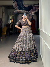 Load image into Gallery viewer, Black Tussar Silk Lehenga Choli with Foil Print ClothsVilla