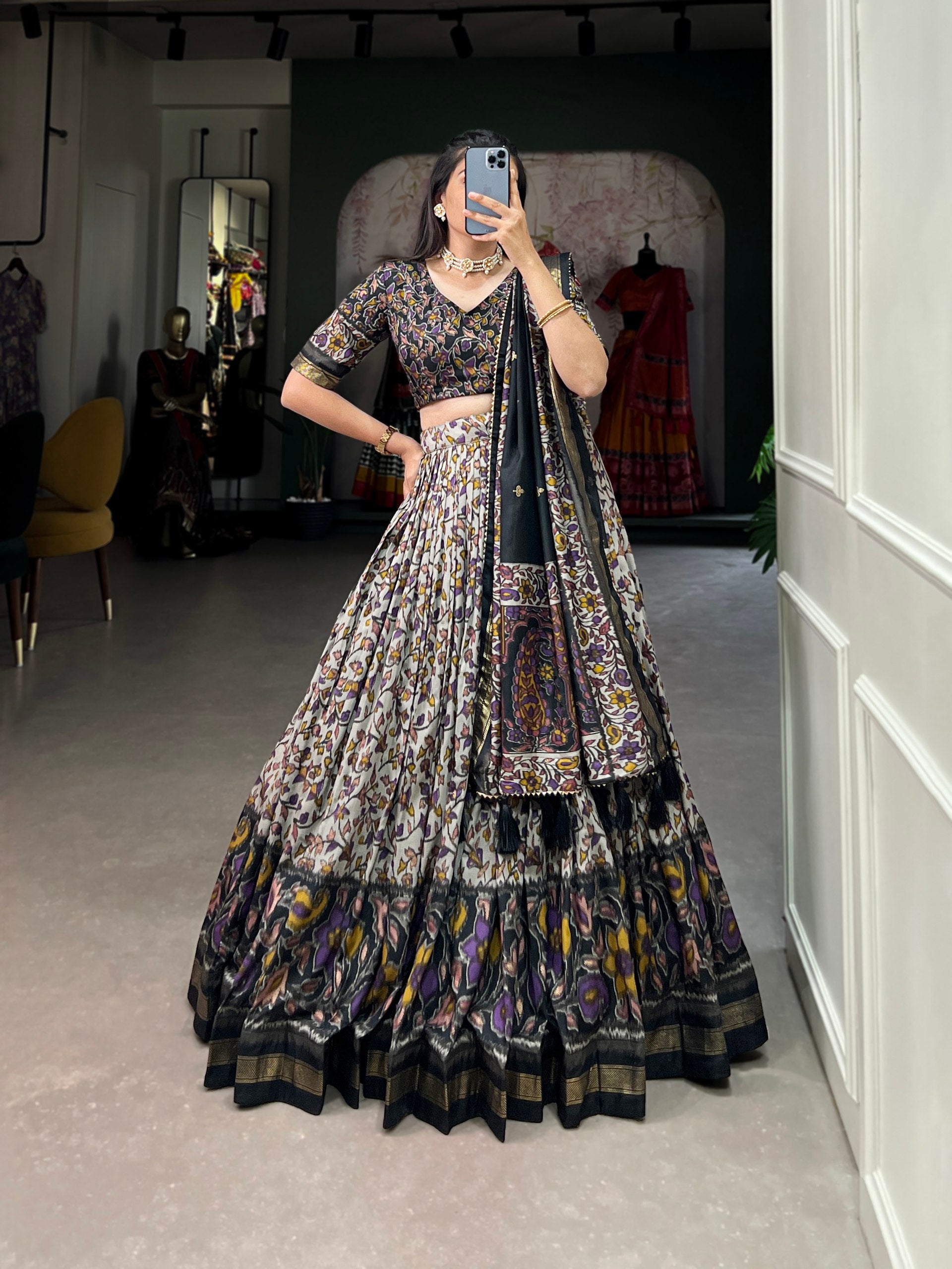 Black Tussar Silk Lehenga Choli with Foil Print ClothsVilla Main image