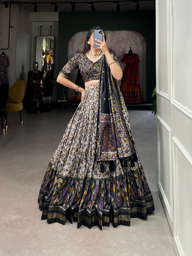 Black Tussar Silk Lehenga Choli with Foil Print ClothsVilla