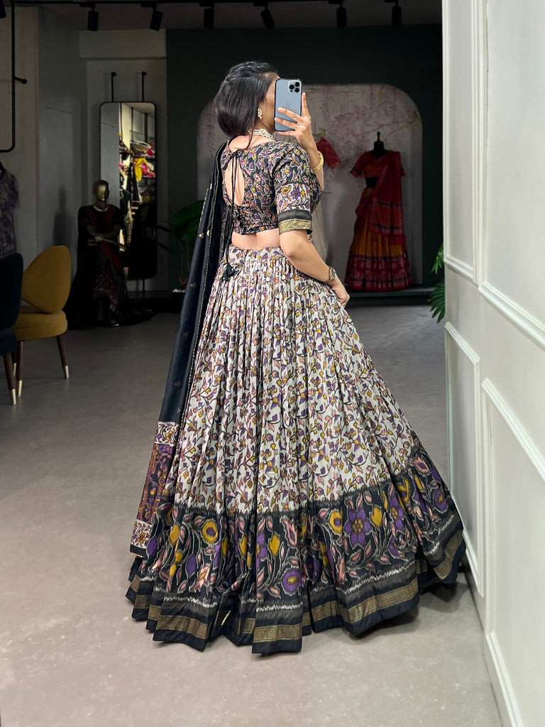 Black Tussar Silk Lehenga Choli with Foil Print ClothsVilla