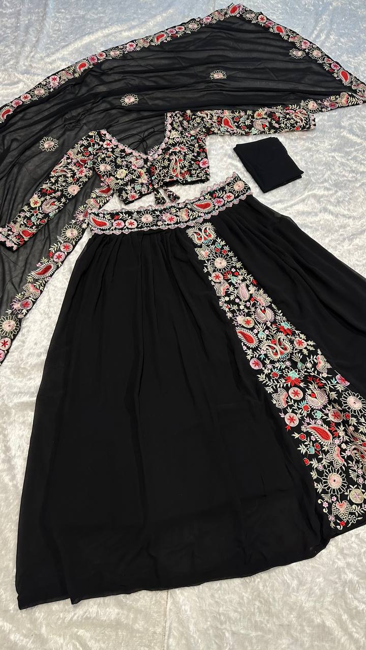 Black Unforgettable Elegance – Georgette Embroidered Lehenga Set ClothsVilla