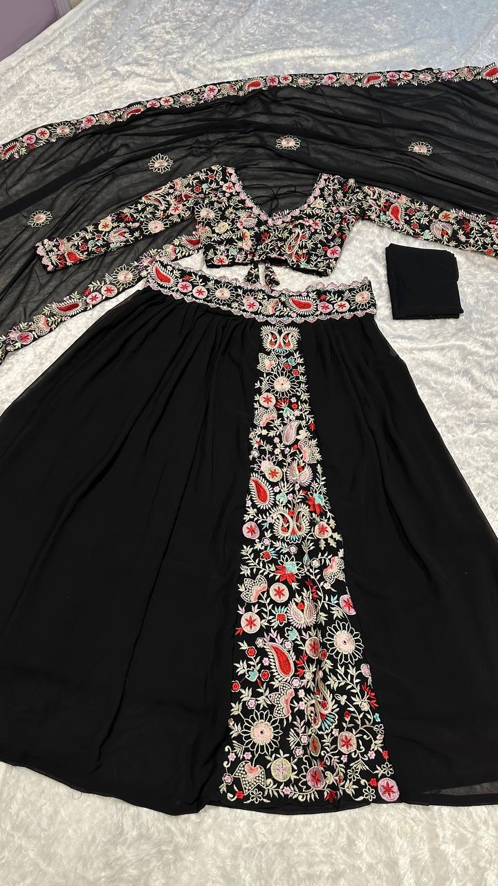 Black Unforgettable Elegance – Georgette Embroidered Lehenga Set Secondary image