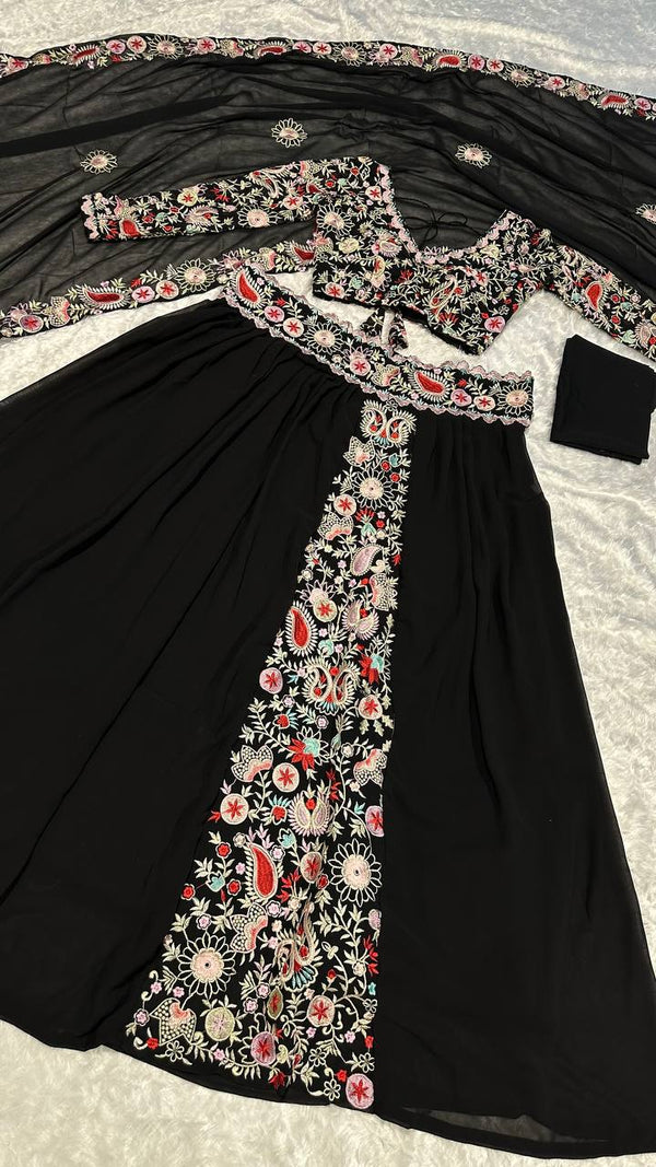 Black Unforgettable Elegance – Georgette Embroidered Lehenga Set ClothsVilla