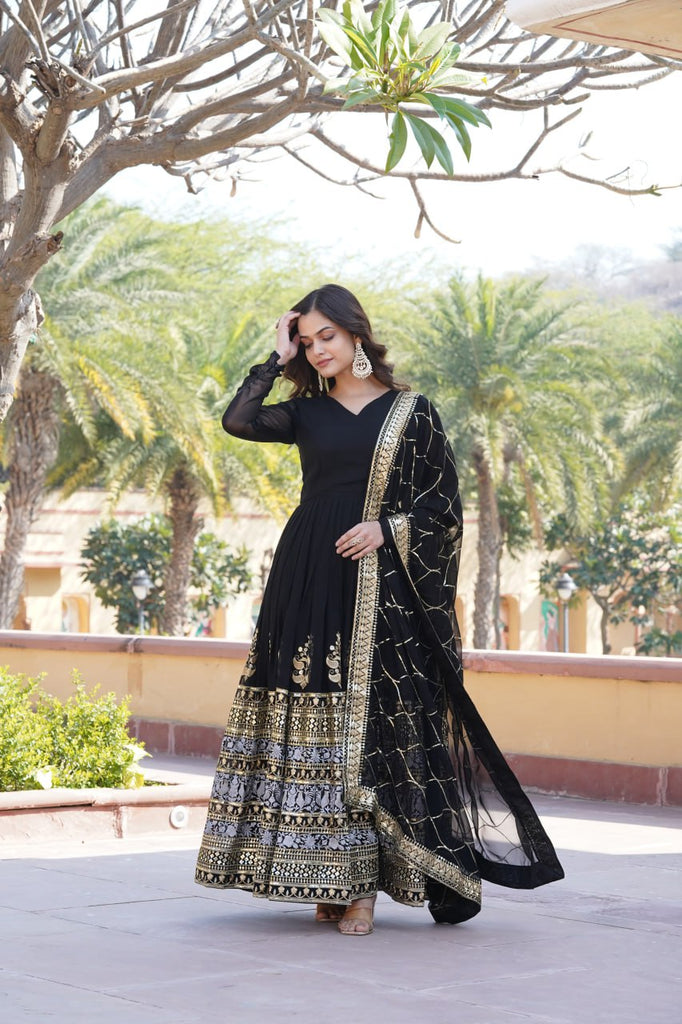 Elegant Black V-Neck Faux Blooming Gown with Sequined Embroidery and Dupatta ClothsVilla