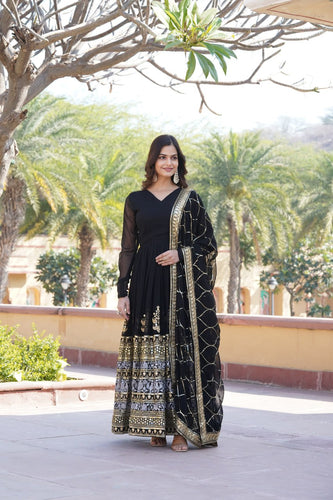 Elegant Black V-Neck Faux Blooming Gown with Sequined Embroidery and Dupatta ClothsVilla