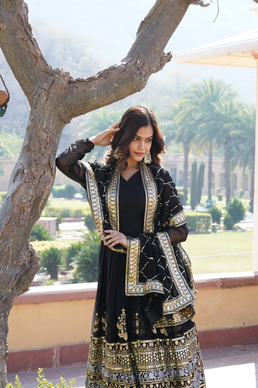 Elegant Black V-Neck Faux Blooming Gown with Sequined Embroidery and Dupatta ClothsVilla