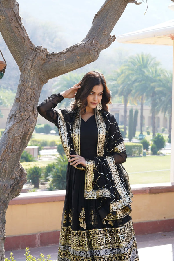 Elegant Black V-Neck Faux Blooming Gown with Sequined Embroidery and Dupatta ClothsVilla